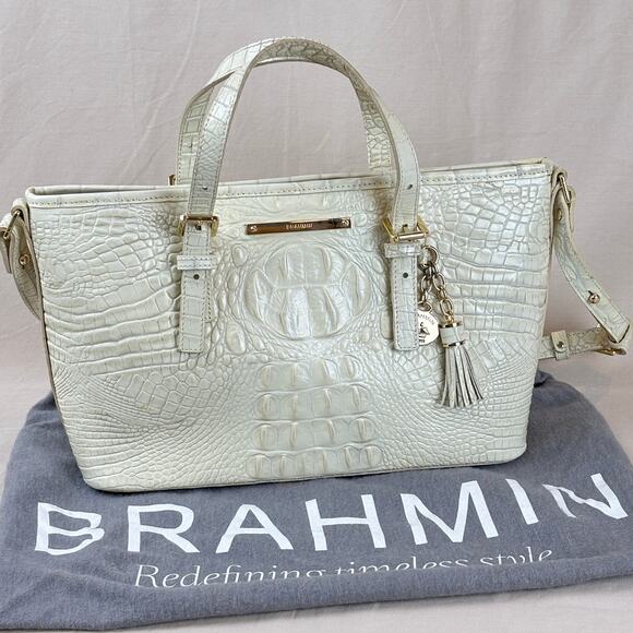 Brahmin Mini Asher Oatmeal Croc Embossed Leather Satchel Handbag  w/ Dust Bag - Picture 1 of 12